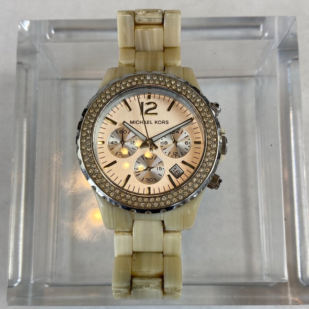 Michael Kors Crystal Pave Chronograph Watch Beige Bone Wristband Excellent Cond.